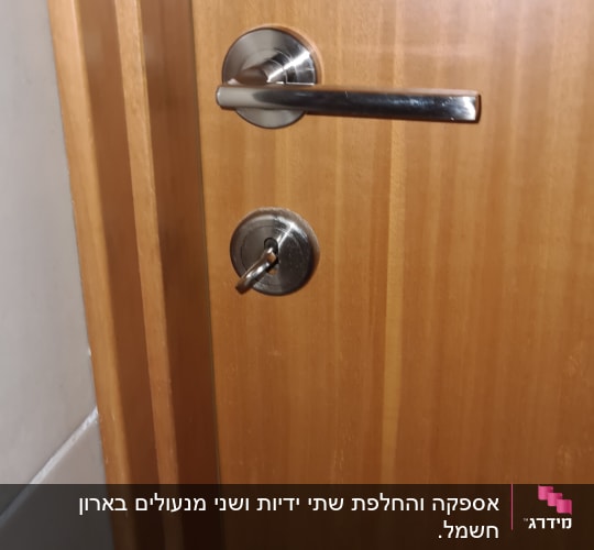 ידית דלת מתכתית עם מנעול על דלת עץ